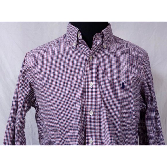 Ralph Lauren Mens Large Red Blue Stripe Check Long Sleeve Embroidered Logo Shirt - Picture 4 of 12
